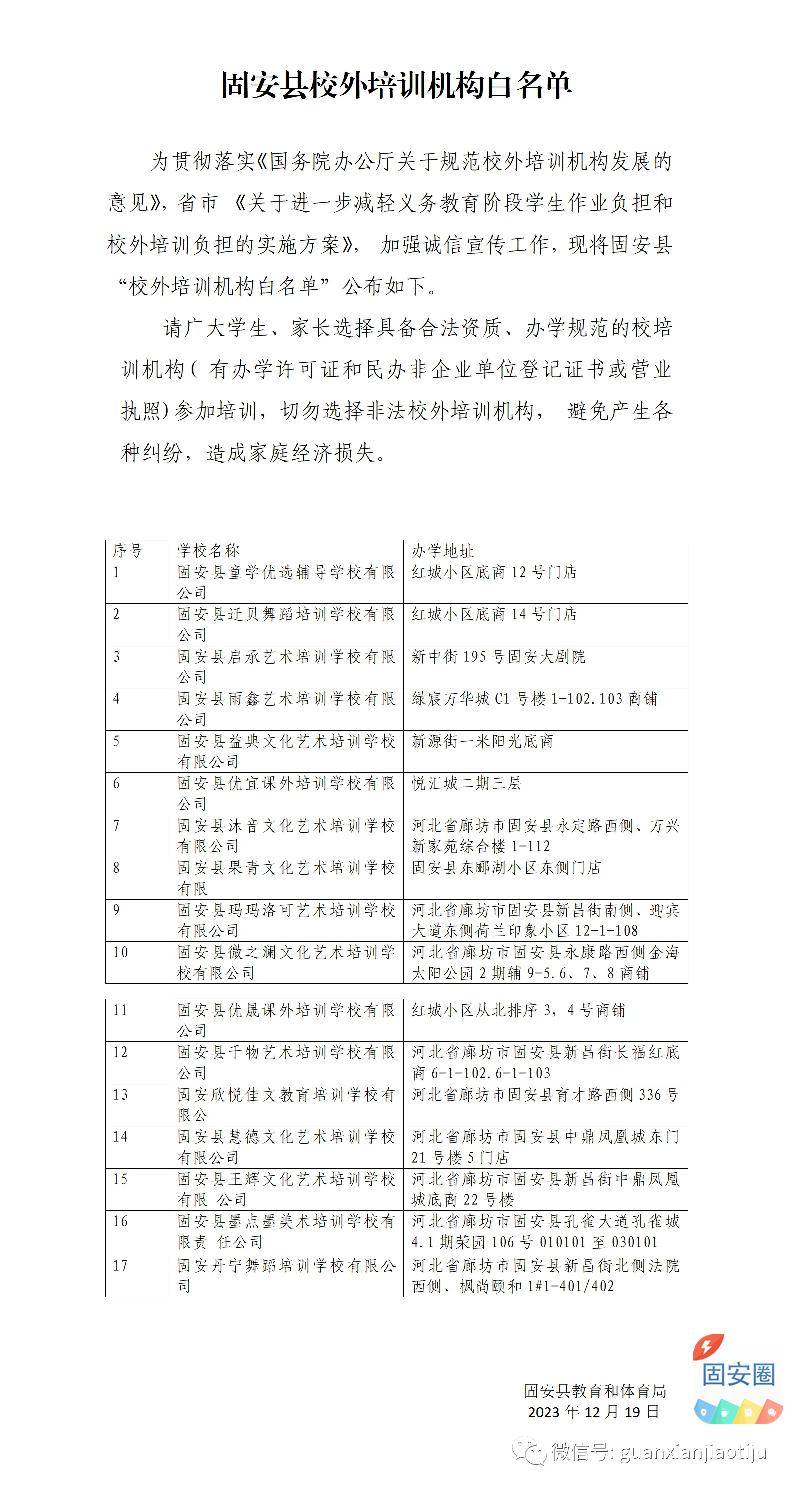 固安县校外培训机构黑白名单公布！多所教育机构上榜&gt;&gt;2732 作者:峰华花园 帖子ID:270609 校外,培训,培训机构,机构,黑白